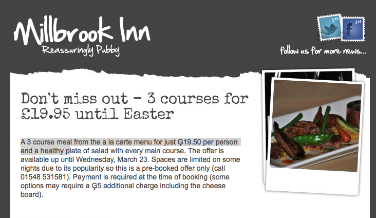 Come and enjoy the <a href="/southpoolducks/">Millbrook Inn</a> scrummy dinner and then a short walk to a comfy bed at <a href="/GlebeFarmBandB/">GlebeFarmBandB</a>