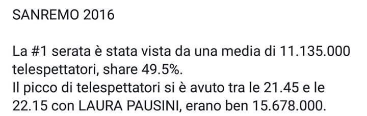 LauraPausini's tweet photo. Ma.. Mi hanno mandato questi dati.. 😱 mi sa che dobbiamo iniziare a tirarcela #DiBrutto GRAZIEEEEEE @SanremoRai https://t.co/s5bOKcPBdx