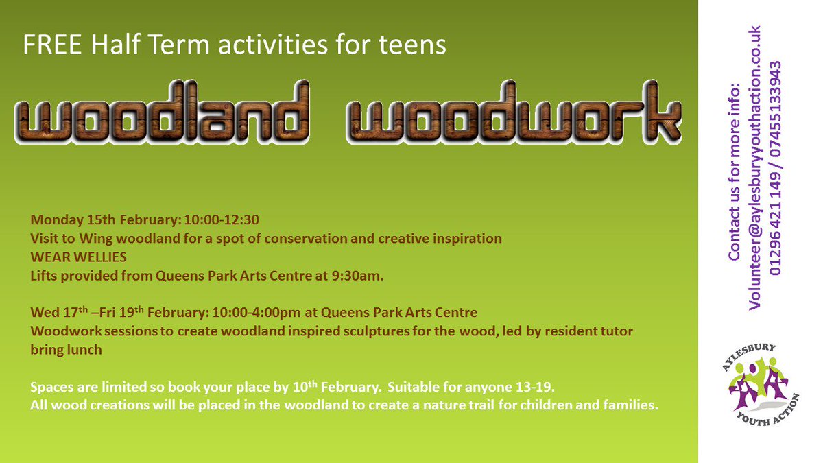 <a href="/whatsonbucks/">Whats On Bucks</a> FREE woodwork sessions for teenagers <a href="/queensparkarts/">Queens Park Arts Centre</a> with <a href="/AYA_volunteer/">Aylesbury Youth Action</a> - Book your space now