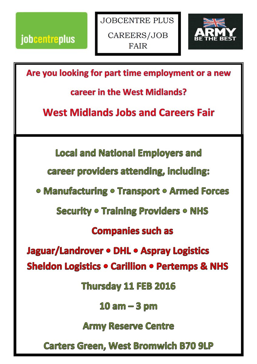 West Bromwich Army Reserve Centre <a href="/159SupRegt/">159 Regiment RLC</a> are hosting a Jobs &amp; Careers Fair on 11th February from 10:00 - 15:00