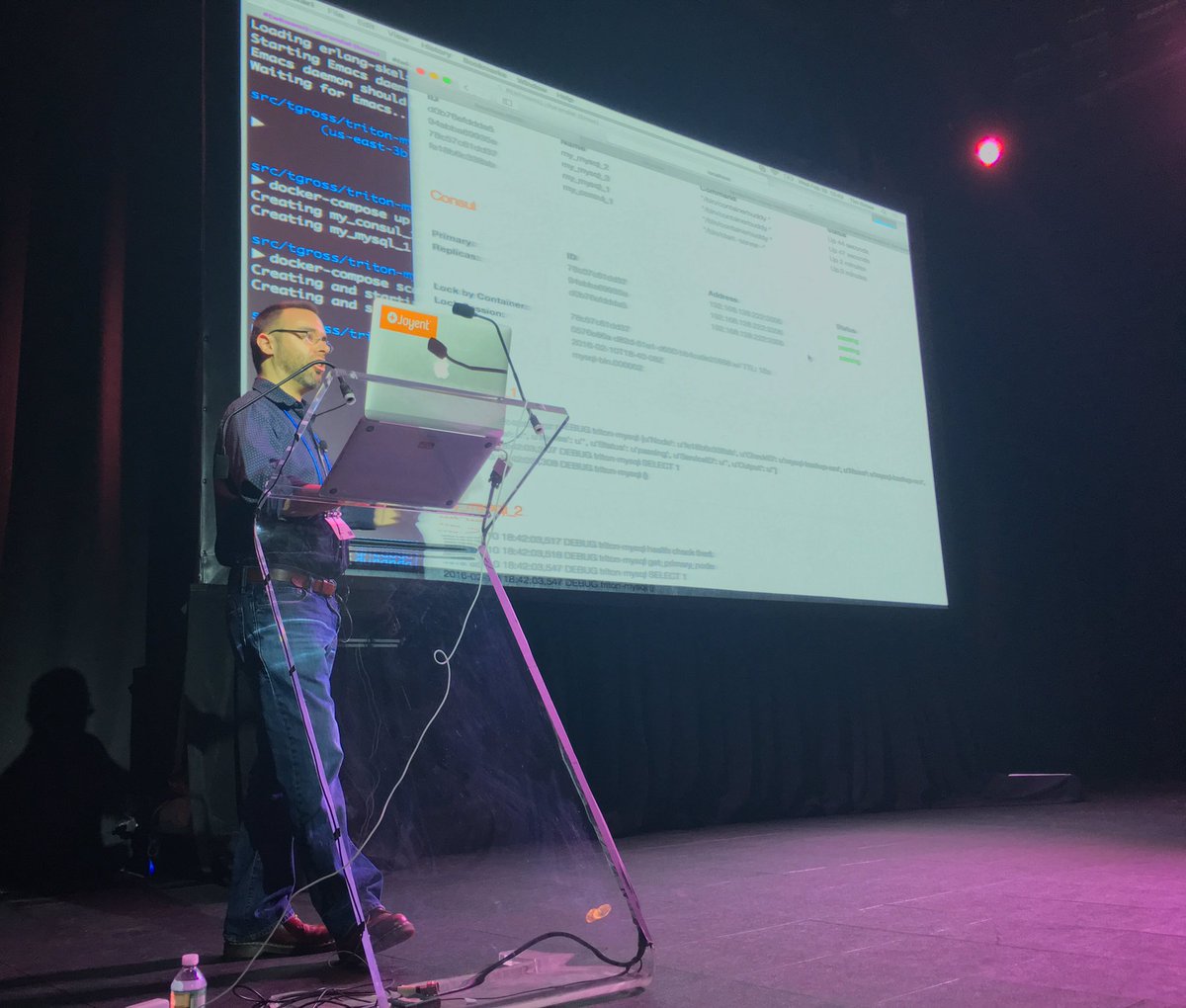 misterbisson's tweet photo. .@joyent's @0x74696d demoing the #AutopilotPattern with #Containerbuddy at #ContainerSummit https://t.co/F5ZlNLkklH https://t.co/RV2LuQsRiw