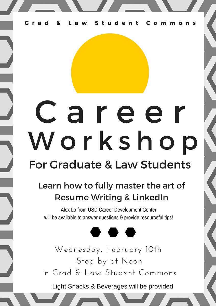Stop by today (Feb. 10) SLP 401 at Noon 1st Career workshop: Resume Writing &amp; LinkedIn. Light snacks and beverages