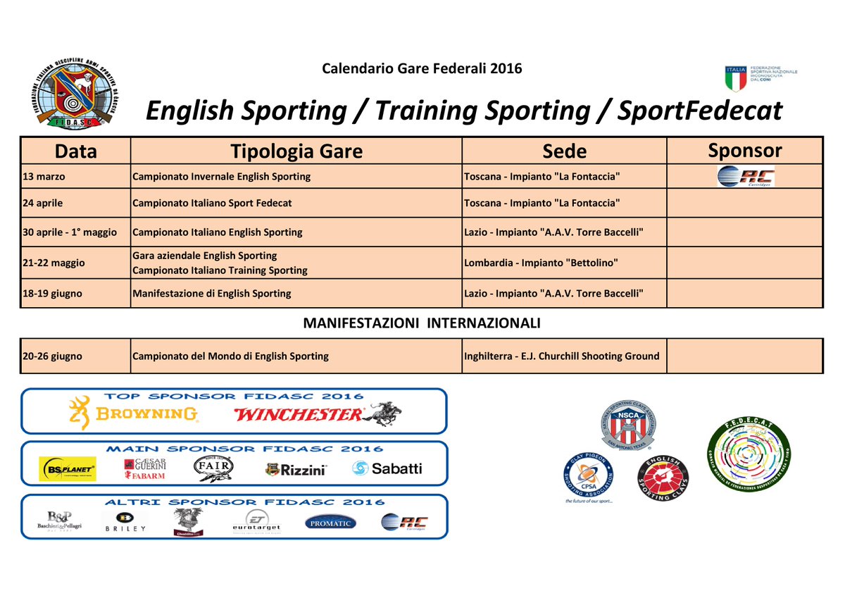 fidascitalia's tweet photo. ENGLISH SPORTING - TRAINING SPORTING - SPORT FEDECAT
Calendario Gare Federali 2016 #Fidasc #clayshooting #calendario https://t.co/zEGB4zoa2e