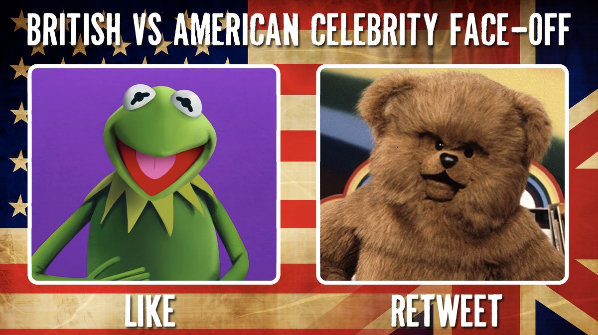 UKvUS's tweet photo. Who's the biggest #Showbiz star?

LIKE for Kermit the Frog🇺🇸
RT for Bungle🇬🇧

YOU decide! https://t.co/f8jvV6a4pb