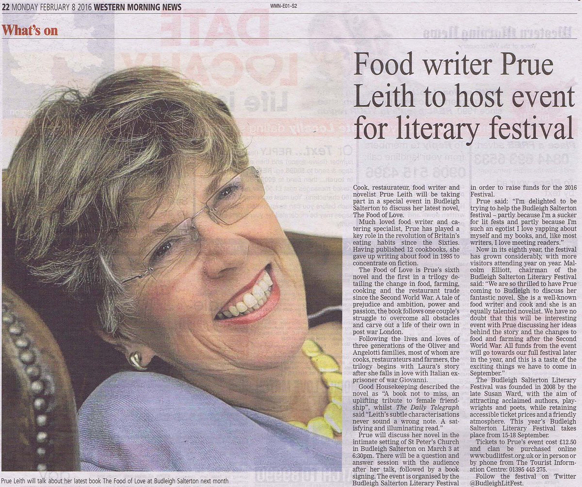 Did you read about Prue Leiths visit to #BudleighSalterton in <a href="/WMNNews/">Western Morning News</a>? Book your tickets ow.ly/Yahe0