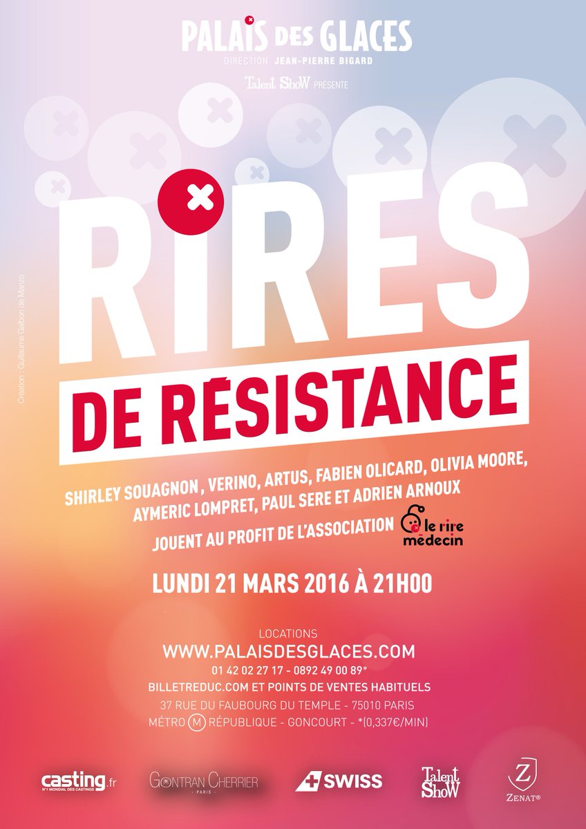 #Talentshow s'associe au 25 ème anniversaire <a href="/RireMedecin/">Le Rire Médecin</a> et crée Rires de Résistance au <a href="/PalaisdesGlaces/">Palais Des Glaces</a> le 21 mars