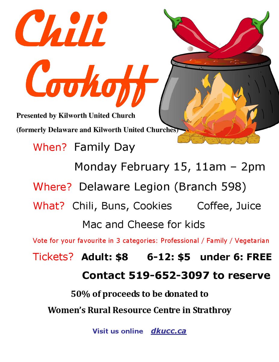 Come eat chili at the Delaware Legion on Family Day and support the Women's Rural Resource Centre in Strathroy.