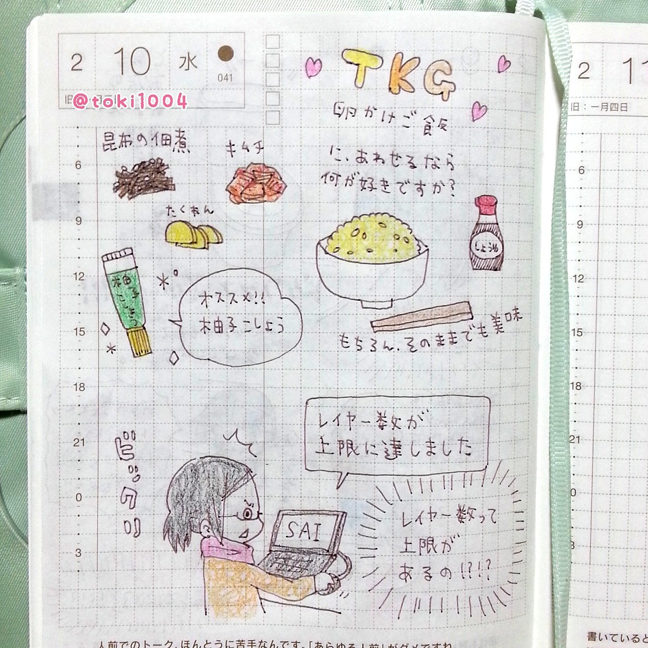 とき Al Twitter 卵かけご飯 ほぼ日手帳 ほぼ日 手帳 イラストエッセイ 絵日記 えにっき イラスト イラストレーター エッセイ 手描き Tkg Sai レイヤー数 昆布の佃煮 キムチ たくあん 柚子こしょう T Co Tlpbw6xwyn Twitter
