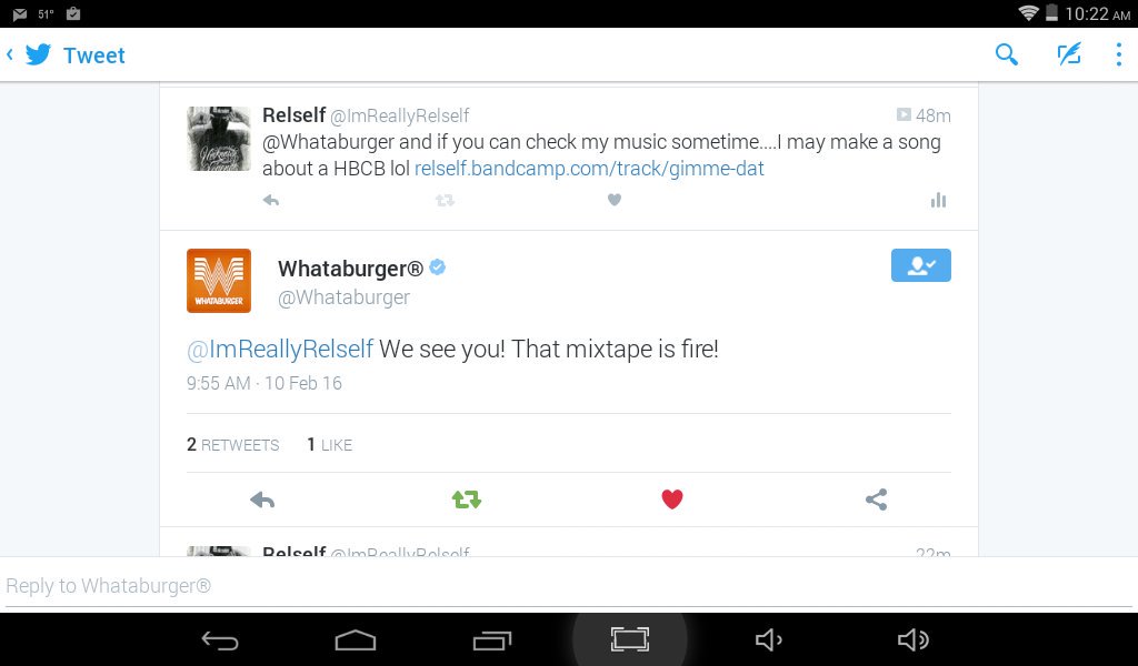 ImReallyRelself's tweet photo. So @Whataburger likes my music....give me a listen sometime #gimmedat #Relself https://t.co/cT7c9xKzzz https://t.co/5P3ea6LVfl
