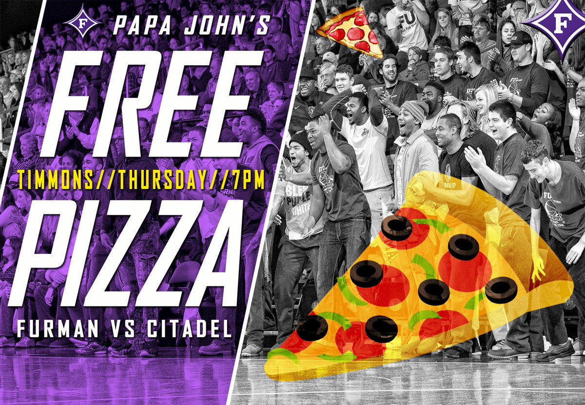 FurmanMBB's tweet photo. .@coachNikoMedved is buying pizza for all Furman students for Thursday game against The Citadel! https://t.co/DFEvROaa6Z