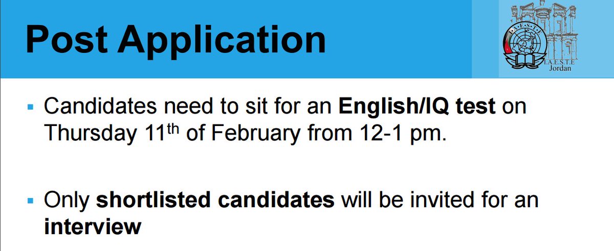 IAESTEJo's tweet photo. JU students:
Don't forget about the IQ/English test tomorrow at Al Mudaraj Al Awasat at 12:00 pm.
#JUdays https://t.co/uh9Tkd2sxu