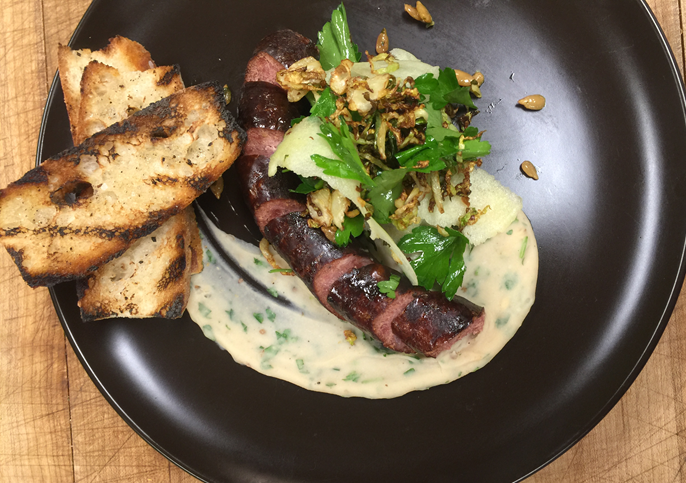 676Restaurant's tweet photo. #homemade #sausage, white bean #spread Brussels sprout salad #sunflowers seed pesto #delish #hungry #HumpDay #foodie https://t.co/KMPbRLlj66