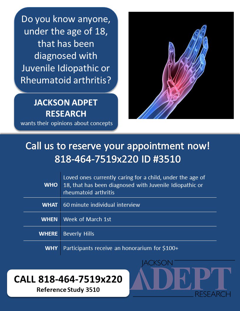 JacksonAdept's tweet image. We are looking for Pediatric rheumatoid arthritis patients and their caregivers.  818-464-7519 x 371