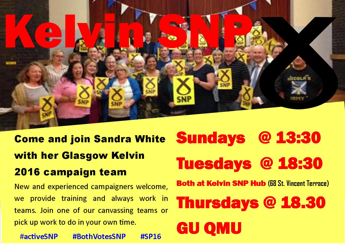 SNPKelvin's tweet photo. Join Sandra and the @SNPKelvin team.at our regular Campaign sessions #reelectsandra #activeSNP #SP16 #BothVotesSNP https://t.co/WSrqS9mCRa