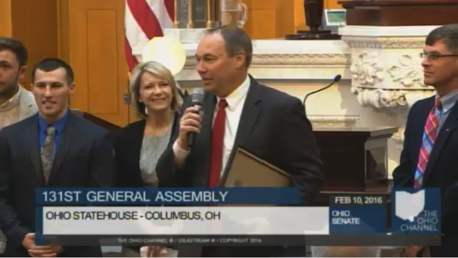 OhioSenateGOP's tweet photo. LIVE: Sen. @bobpetersonfarm honors @RioEdu soccer team on their national championship. https://t.co/LAvJKpTORI