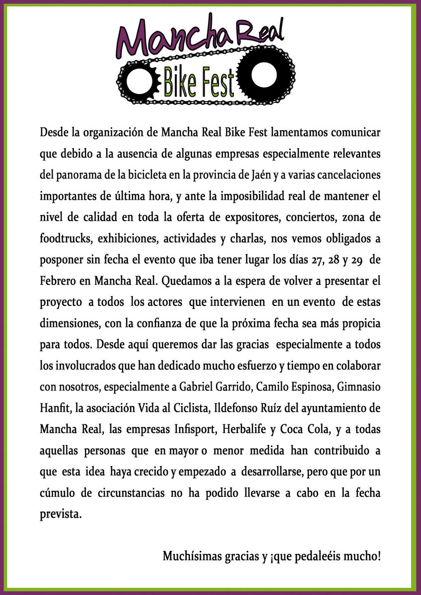 MRBikeFest's tweet photo. Se cancela de forma indefinida Mancha Real Bike Fest. 😞🚴❤ https://t.co/vAwy5Wchk3
