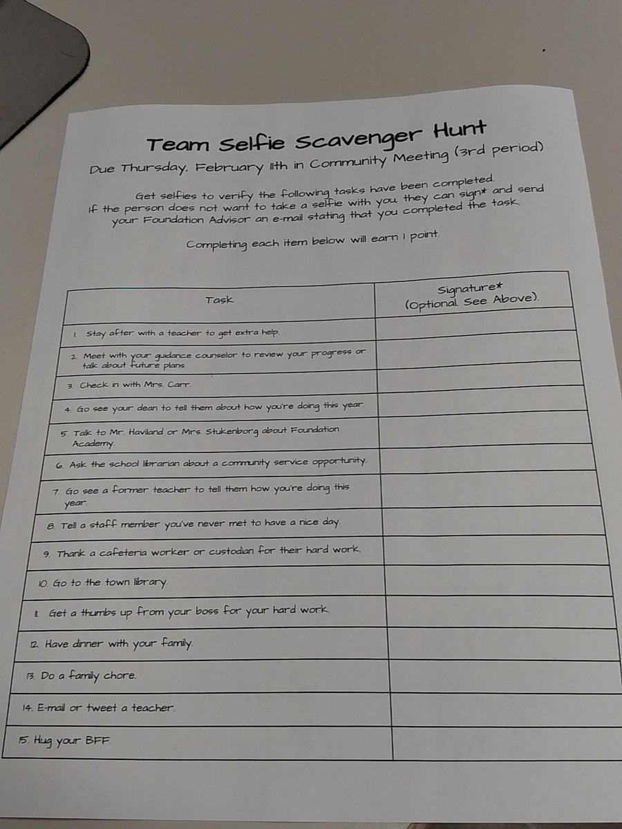 BennerWHS's tweet photo. The Foundation Selfie Scavenger Hunt is due tomorrow! Don't forget! #letmetakeaselfie https://t.co/bBgq8trMh1
