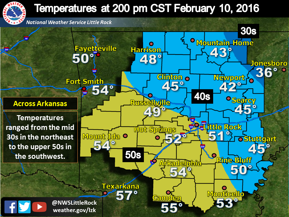 NWSLittleRock's tweet photo. Big temperature contrast in Arkansas at 200 pm. There were 30s in the northeast and 50s in the southwest. 
#arwx https://t.co/g9ZJhz1UVr