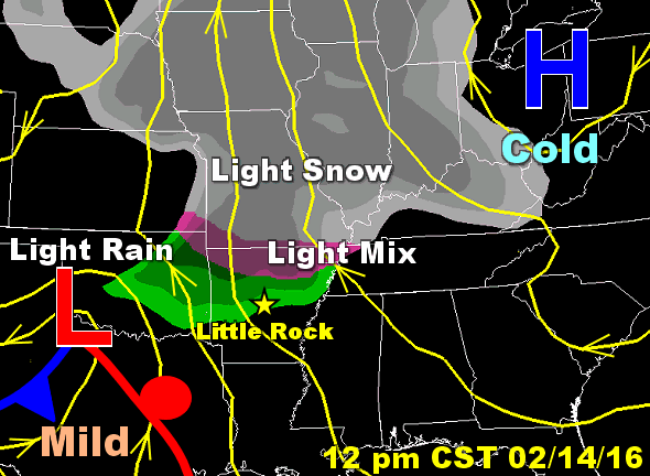 NWSLittleRock's tweet photo. A light wintry mix is possible in northern Arkansas Sunday as a storm system ("L") nears from the southwest.
#arwx https://t.co/7mZLVMKaXU