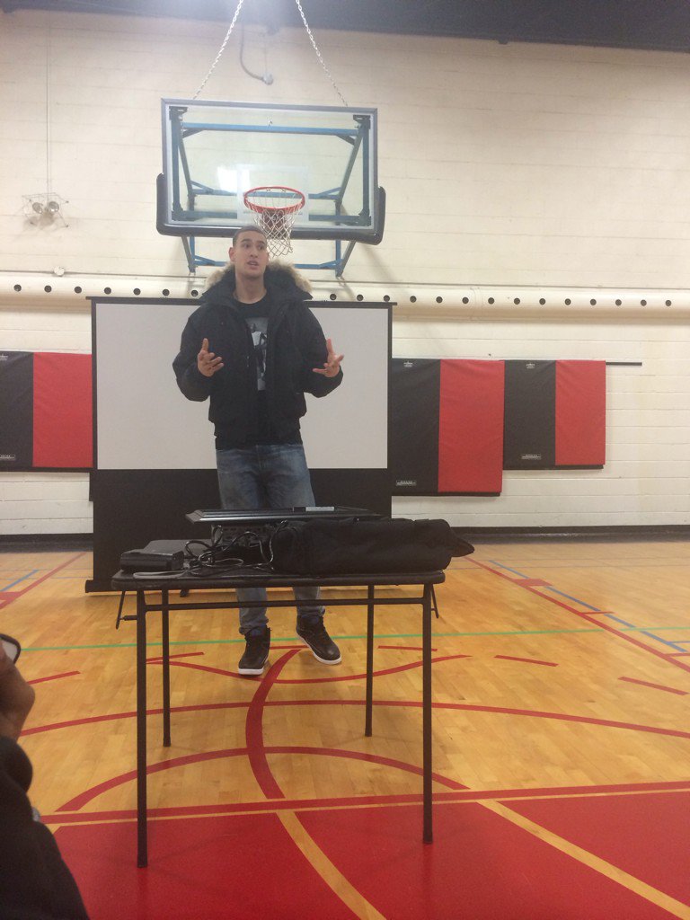 Coach_LeeAnna's tweet photo. NBA Mavs player Dwight Powell at Falstaff CRC speaking to his kids from his former aau team- Grassroots Canada https://t.co/roli9LSiU2