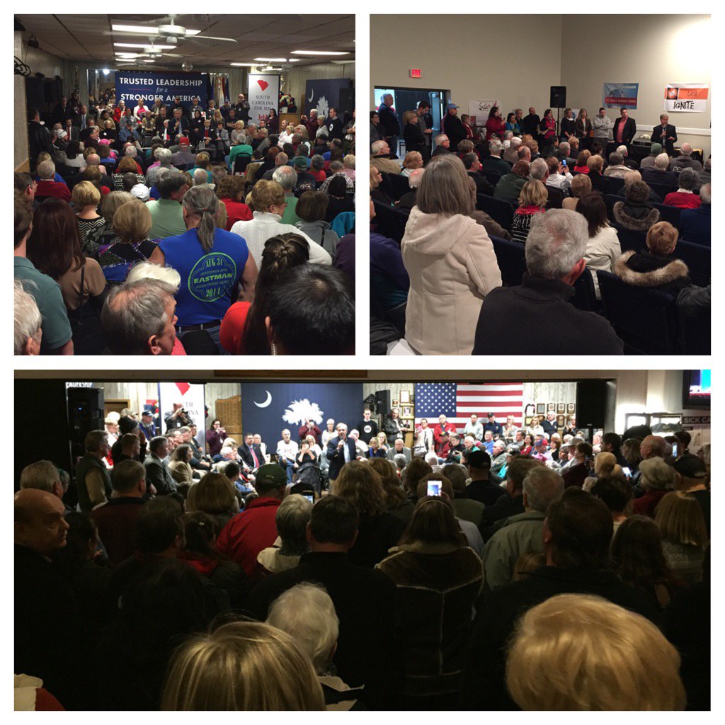 ScottFarmerSC's tweet photo. Huge. Crowd. While @JebBush talked to overflow room in Murrells Inlet, @LindseyGrahamSC worked VFW hall. #SCPrimary https://t.co/hFVQrXuXFb