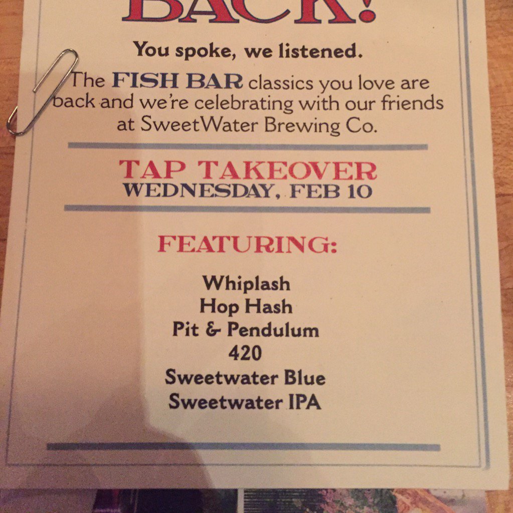 There's a <a href="/sweetwaterIL/">SweetWater Chicago</a> tap takeover at <a href="/FishBarChicago/">Fish Bar</a> tonight.The things I accidentally walk into... are delicious