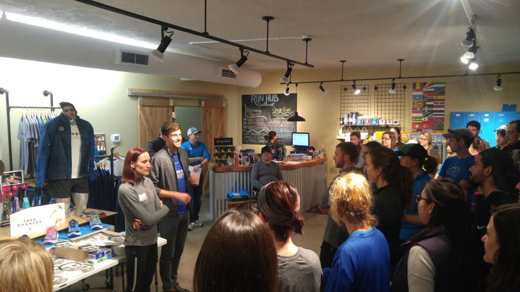 teamruneugene's tweet photo. Down at @RunHubNW tonight, @brett_ely  and @DJKremske had a great send off for the Olympic Trials Marathon! https://t.co/VInmHTAOKc
