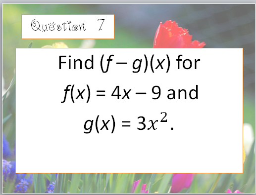 ms_kgorman's tweet photo. Ohhhhhh we're halfway there! Woaaah! #question7 and the graph for #question6. #alg2quizreview https://t.co/6hInhHBqUj