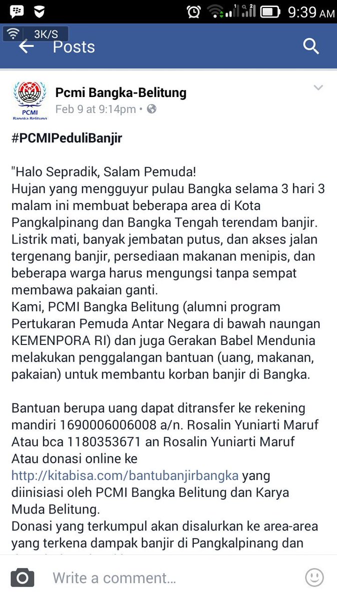 pcmibabel's tweet photo. Bagi teman2 yg ingin membantu korban banjir di Bangka. #PCMIPeduliBanjir https://t.co/y7jWva9RBy