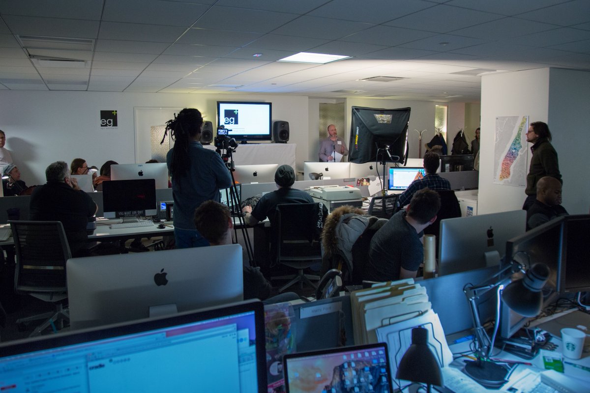 "Happy Hour" at #egplusww New York. Our monthly 'state of the agency" meeting streamed to offsite staff! #officelife