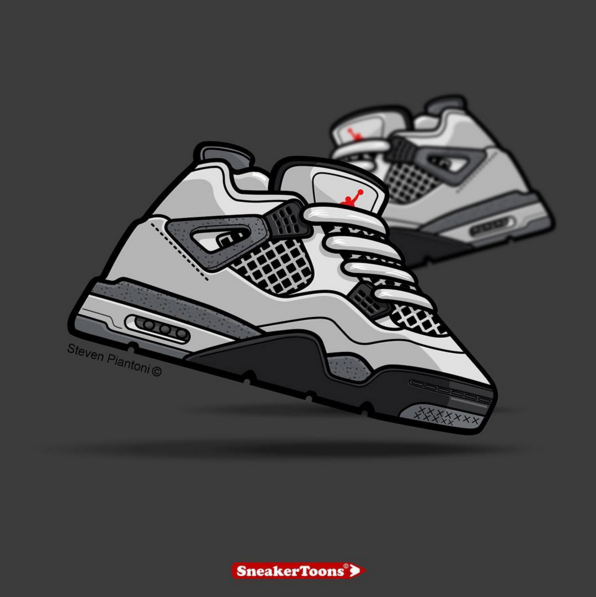 FOOTDISTRICT's tweet photo. Good morning!

Air Jordan IV Cement + Steven Piantoni.

#Jordan #Jumpman #JordanIV #Sneakertoons #sneakerart https://t.co/N7tXVEseod