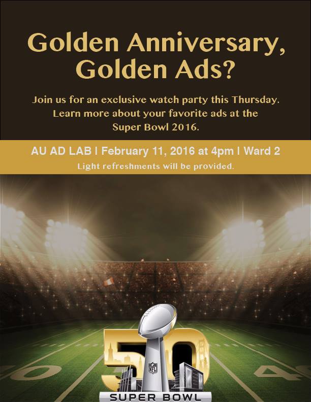primestratcomm's tweet photo. Come tell us your favorites and join #AUAdLab tomorrow for a watch party of the Golden Super Bowl's best ads. https://t.co/gMAg1VyimS