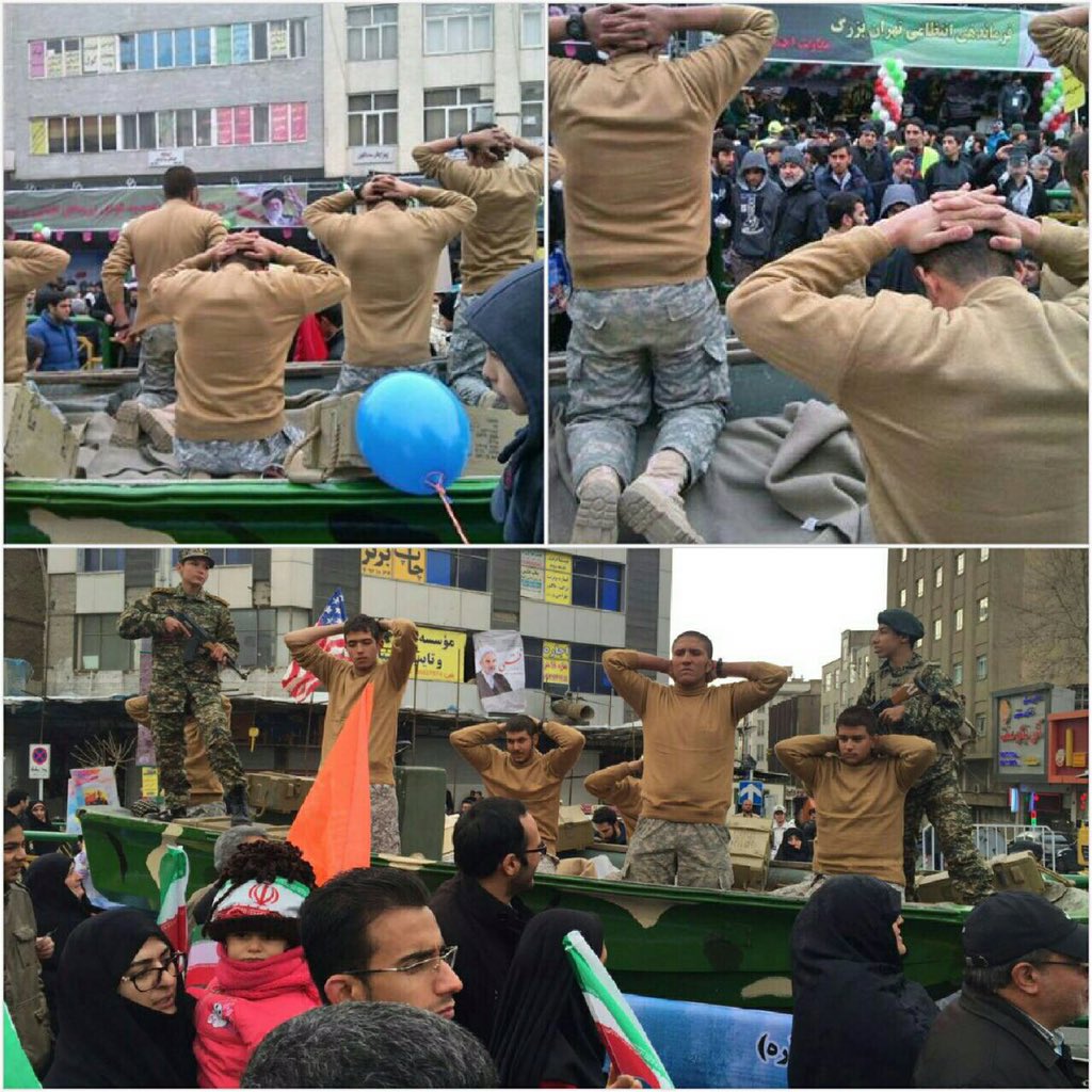 AbasAslani's tweet photo. Scene of capturing #US sailors recreated in the rally for anniversary of #Iran's revolution in #Tehran. https://t.co/nomRF5PNEl