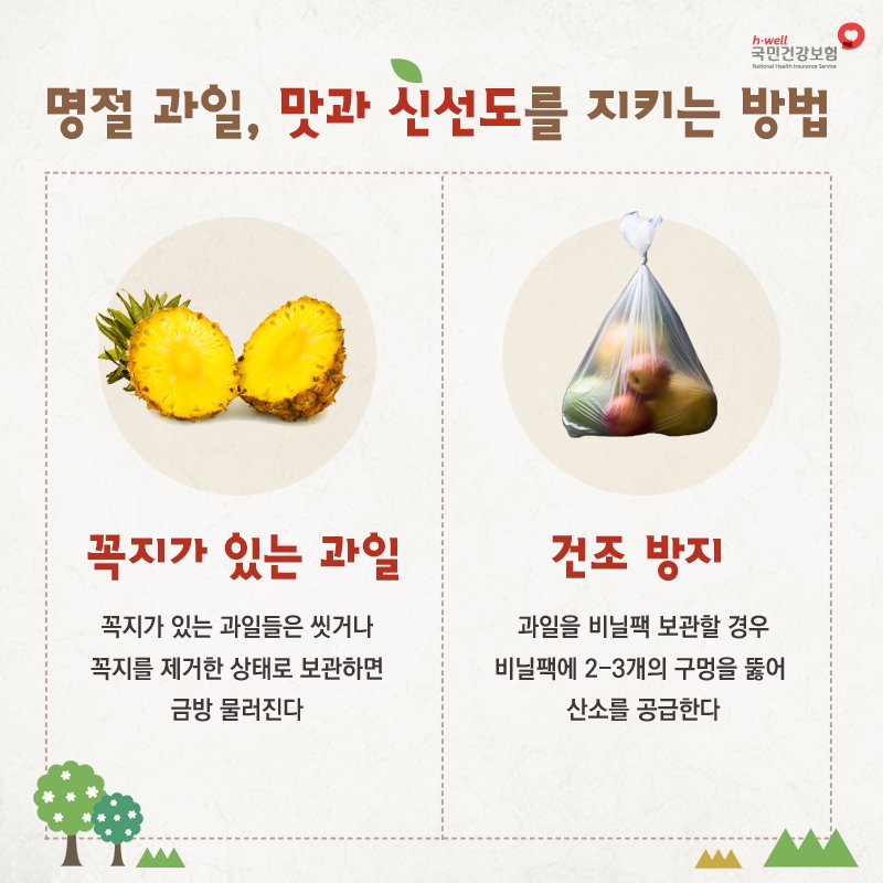 설을 맞이해 사거나 선물로 들어온 과일들, 어떻게 보관하세요? 사과는 에틸렌이라는 가스가 나와서 다른 과일과 함께 두면 안 된다고 합니다. 그 밖에 과일별 보관법을 확인하고 신선하게 드세요~ #국민건강보험공단