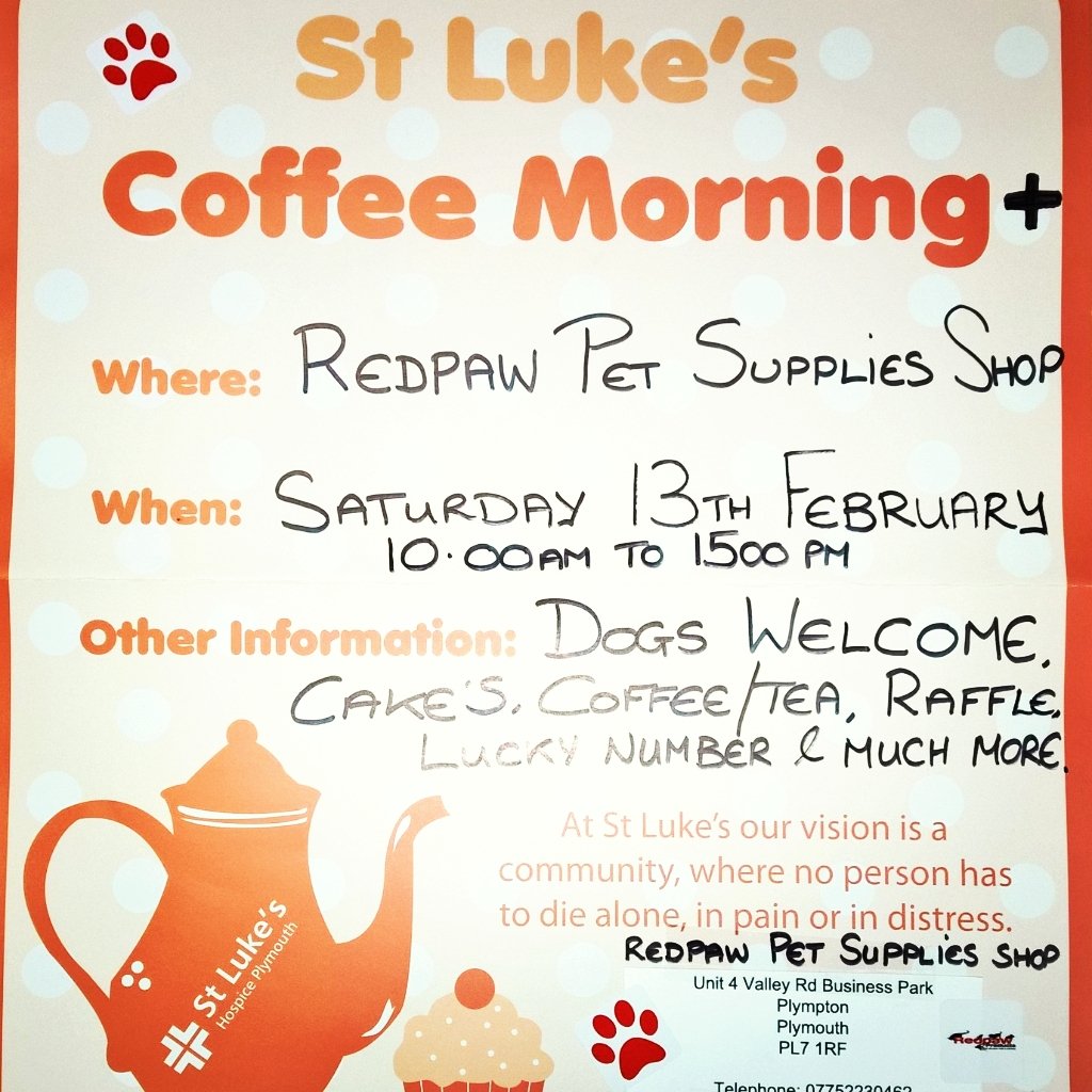 RedpawProducts's tweet image. Don't forget our #StLukes_Paws4Coffee_Sat13th please RT @SouthHams_Hour @Plymouth_Hour @devonbusinesses @Wellpetltd