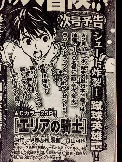 今週号の予告でも書いてありますが、今月17日発売の『エリアの騎士』50巻では、初版についてる帯の応募券で駆、荒木、奈々のラバーストラッププレゼントに応募できるので、よろしくお願いします(`・ω・')ゝ 