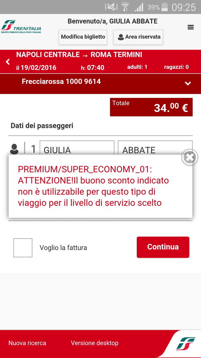 GiuliaAbbate8's tweet photo. @LeFrecce non riesco ad utilizzare un buono sconto.Qualunque tipo di treno risulta non idoneo. Help! https://t.co/naNIxqgvn6