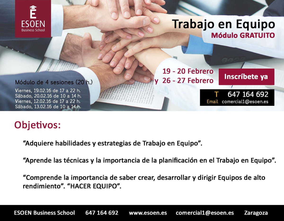 EsoenBs's tweet photo. ¿Eres consciente de los beneficios del Trabajo en #EQUIPO ?. TE INVITAMOS a la #formación GRATUITA,19-20, 26-27 feb. https://t.co/lIQeI2EOGV
