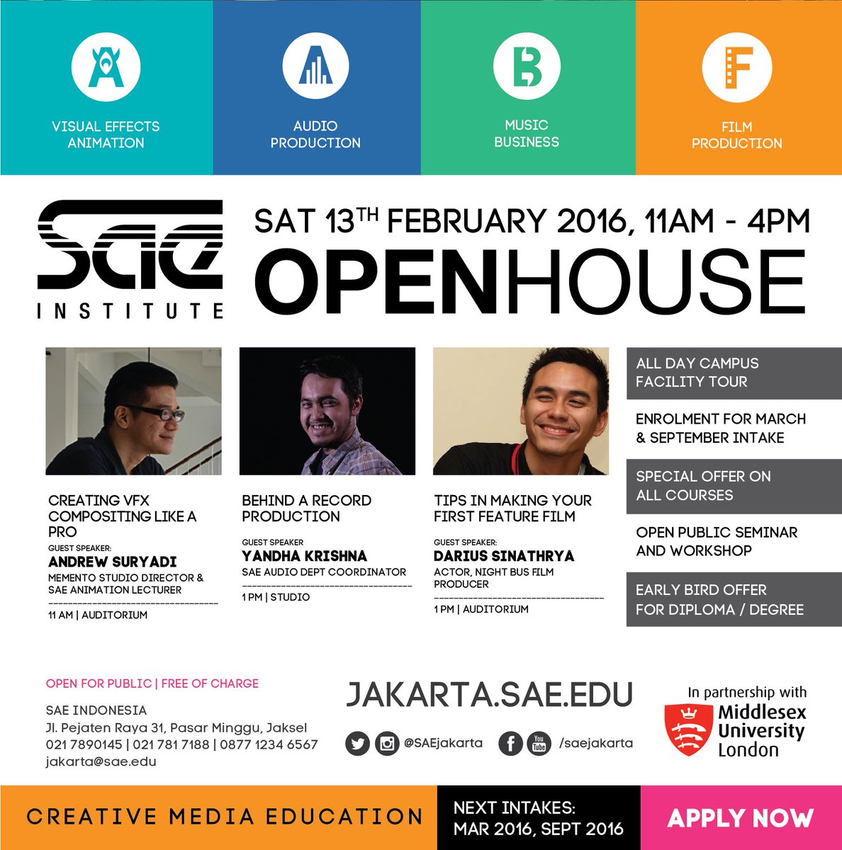 Sabtu ini ada #SAEopenhouse

Yg mau daftar kuliah, lihat fasilitas atau ikutan w'shop

Yuk! bit.ly/1Xi2p5E