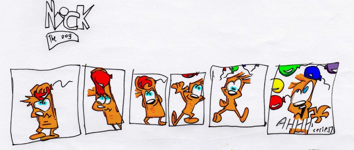 girl_barrie's tweet photo. "Nick the Dog" original comic strip by my 10 year old! #KidArt #FutureDisneyArtist #pennpanthers https://t.co/ONVLDZMwPu