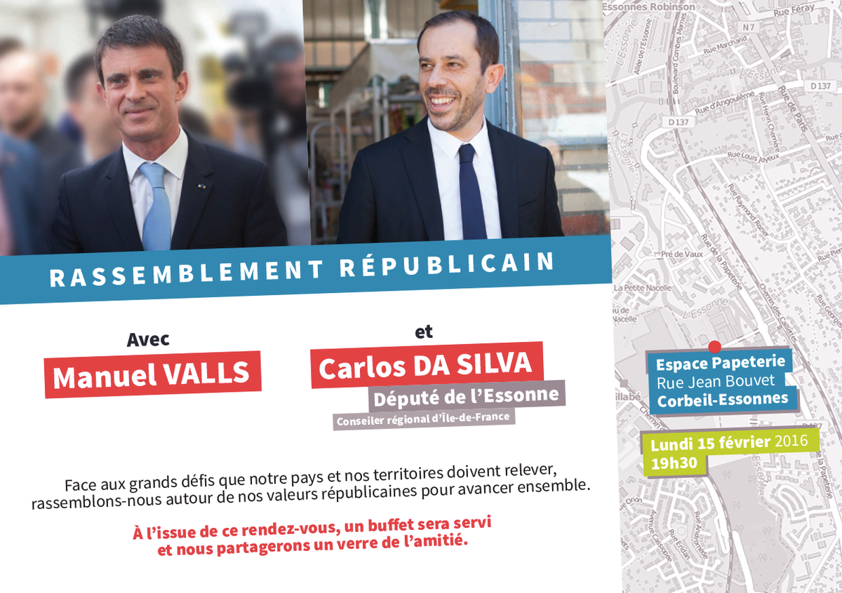 ps_essonne's tweet photo. RDV lundi à #CorbeilEssonnes pour un rassemblement républicain avec @manuelvalls et @DaSilvaCarlos91 #VallsCorbeil https://t.co/L9WLm2lT0M