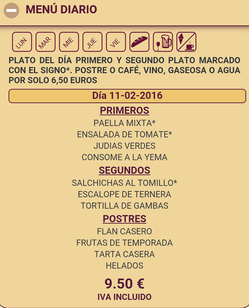 barkako's tweet photo. @barkako hoy tenemos de menu Paella y Salchichas al Tomillo, postre o cafe por Solo por 6.50€. https://t.co/WDRVNZLgIr