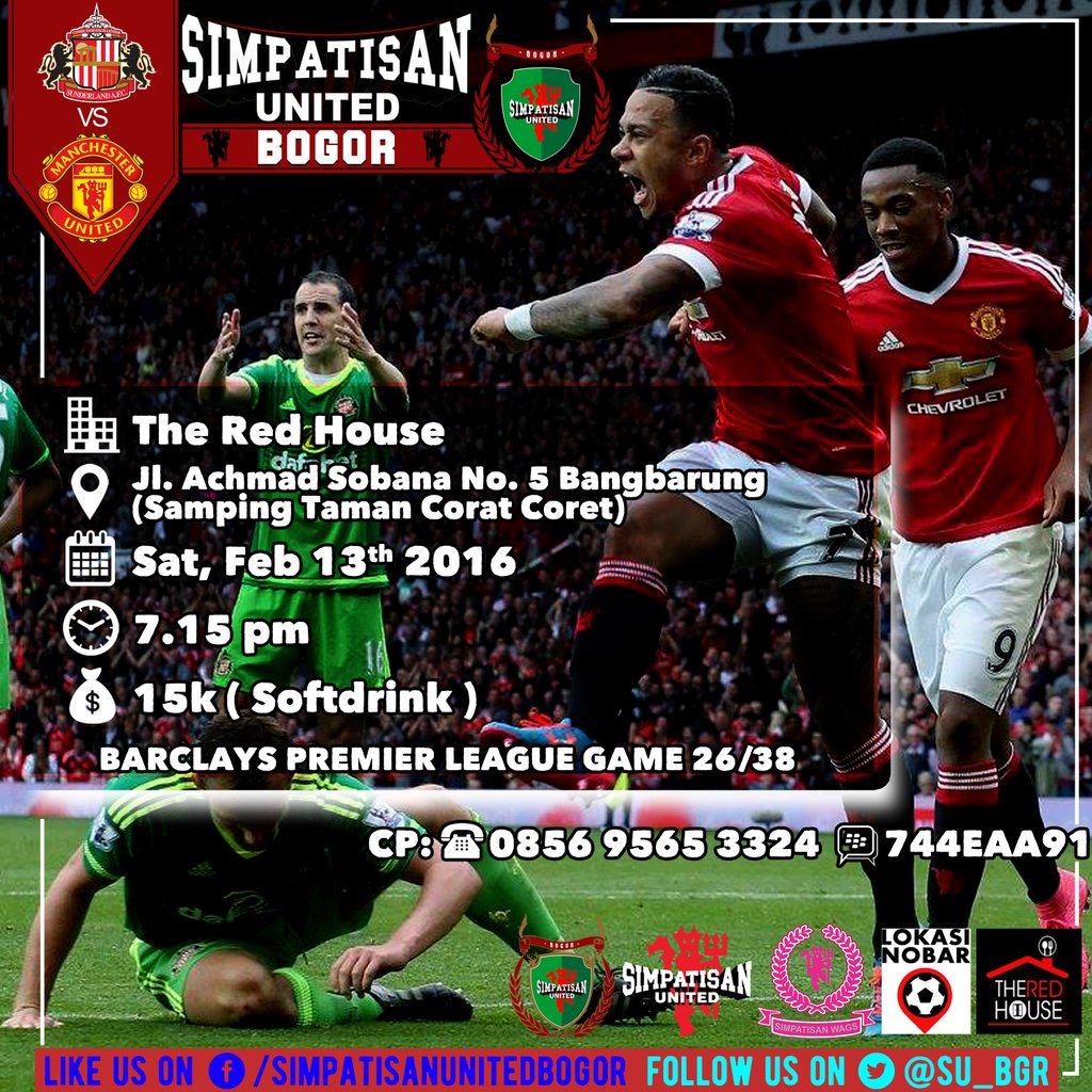 #Nobar
#SUN vs #MUFC

📆 Sab, 13-02-16
🏢 <a href="/theredhousecafe/">THE RED HOUSE CAFE</a>
🕖 19.15 WIB
💰 15k (Softdrink)

Open for All
#BudayakanNobar