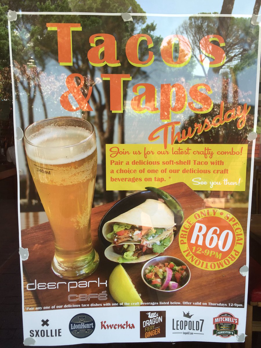 Guys come grab this awesome T&amp;T special <a href="/DeerParkCafe1/">Deerpark Cafe</a> in Gardens! Tacos and a craft beer draught for only R60! 🍻