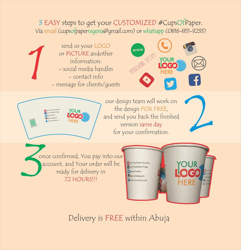 CupsofPaper's tweet photo. Get Your very own customized #CupsOfPaper in 3 easy steps...
#MadeInNigeria #Bespoke #EcoFriendly #PartyCups https://t.co/GxsbMjuZiv