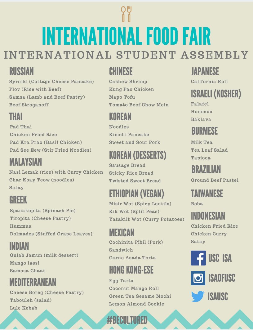isausc's tweet photo. Today is the day! Make your way to McCarthy Quad at 11am - 2pm for free food and free fun! #international #foodfair https://t.co/D2RSQ2wPIG