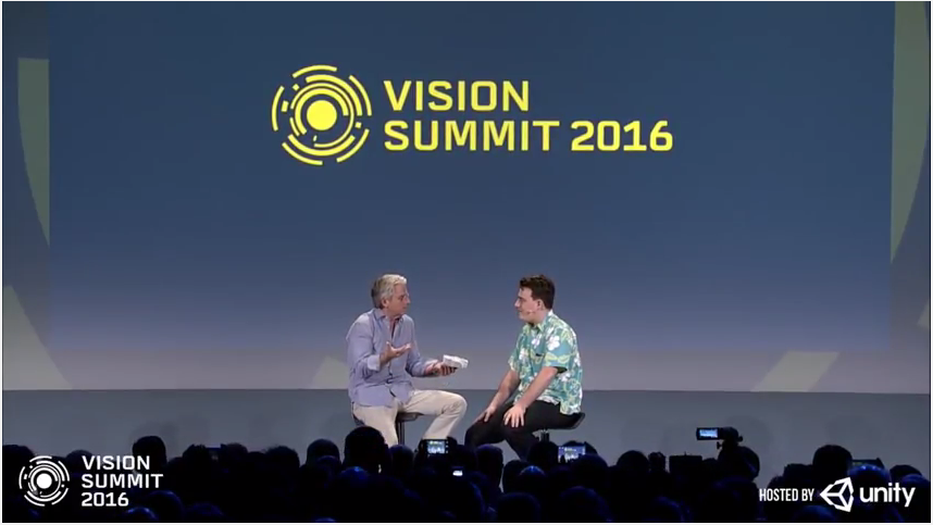 MetaQuestVR's tweet photo. ICYMI Watch @palmerluckey's interview at the @unity3d #VisionSummit16 keynote: https://t.co/DO2OZ8XTl4 https://t.co/4Bc1FN62yb