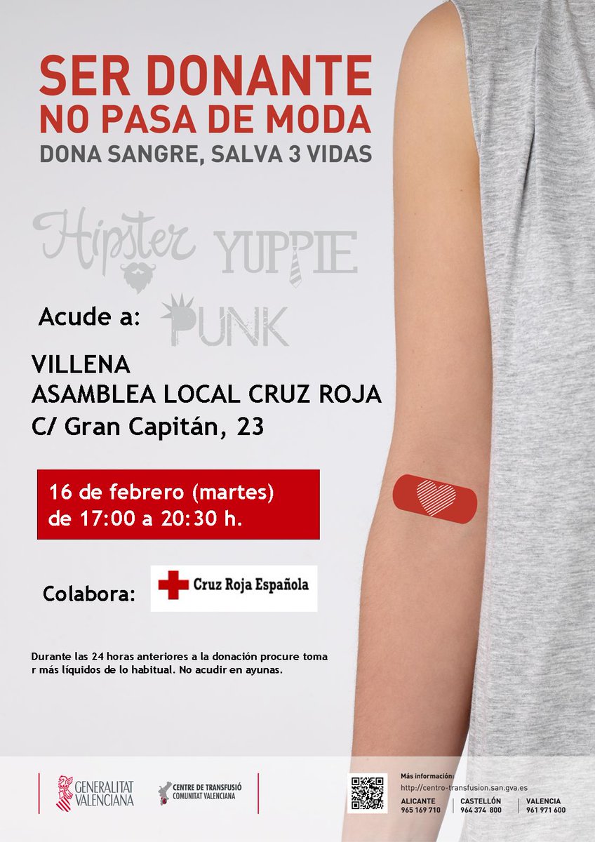 CamVillenense's tweet photo. Próxima colecta de sangre, 16 de febrero en las instalaciones de la Asamblea local de Cruz Roja-Villena.Difundelo https://t.co/SH2u3tVnzw