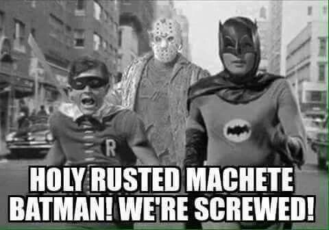 horrormuseum's tweet photo. #BatmanvSuperman vs #JasonVorhees :Don't worry....Superman is next on Jason's list :) Run Batman! Run! #Friday13th https://t.co/ra3SyiFGL3