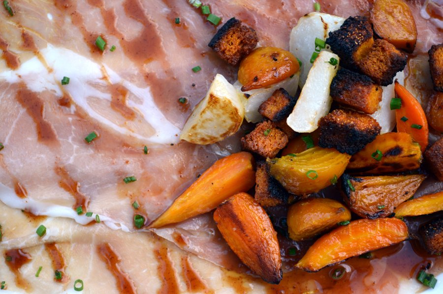 DineAcadiana's tweet image. Start w/ Chef Brant's #Bentons Country Ham topped with Baby Winter #RootVeggies, #Pecan Oil &amp;amp; #Cornbread Croutons!